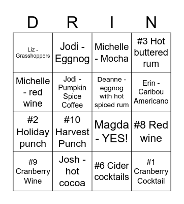 Favorite Seasonal Beverage Bingo Card