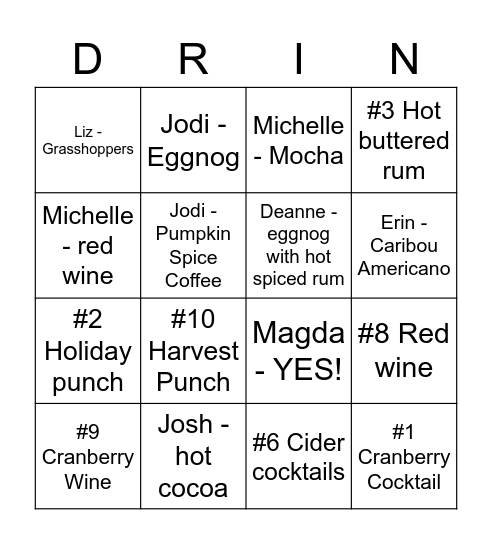 Favorite Seasonal Beverage Bingo Card