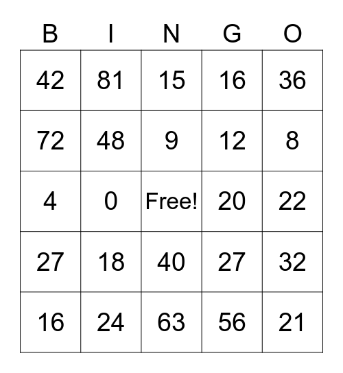 Math Facts Bingo Card