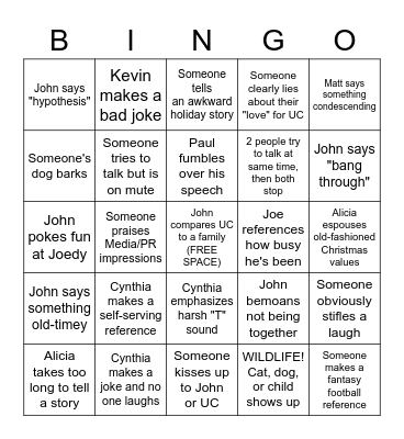 Holiday John-a-Thon Bingo Card