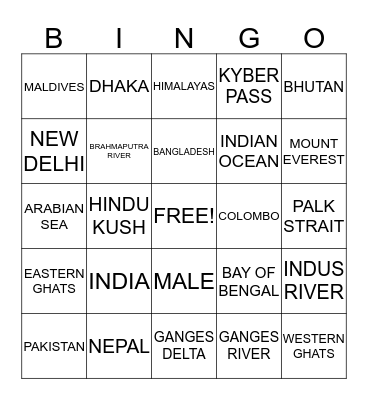 South Asia Bingo Card