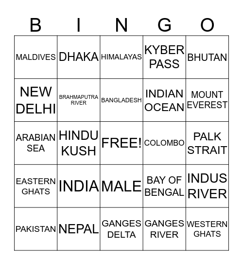 South Asia Bingo Card
