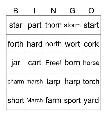 -ar and -or Bingo Card