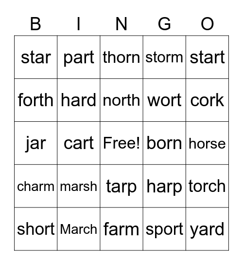 -ar and -or Bingo Card