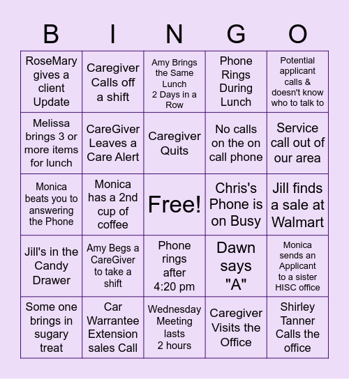 Home Instead Office Bingo Card