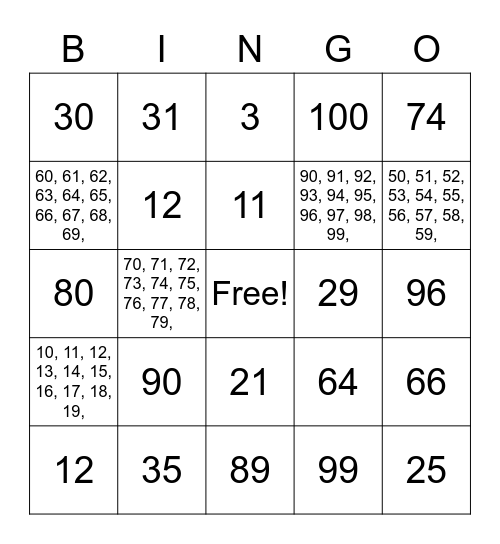 1-100 Bingo Card