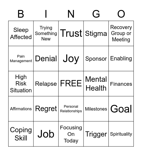 Recovery Bingo Card