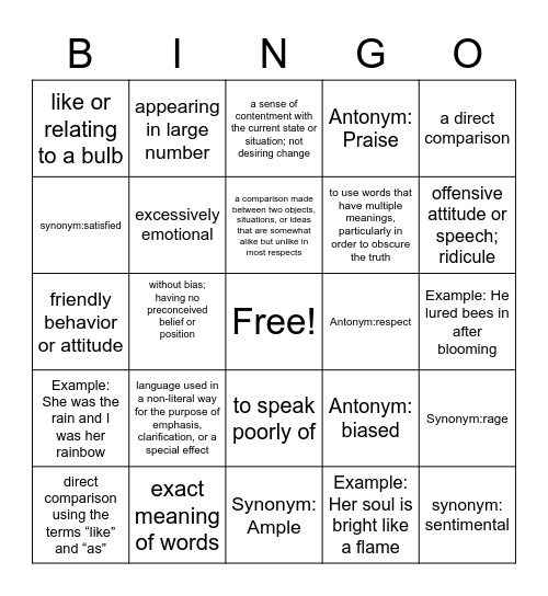 Vocabulary #13 Bingo Card