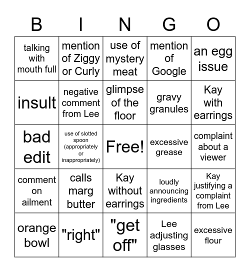 Kay's Cooking Bingo Card