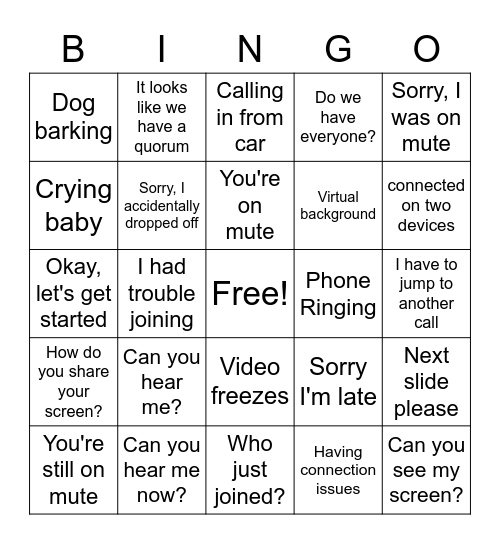 PA Virtual Meetings Bingo Card