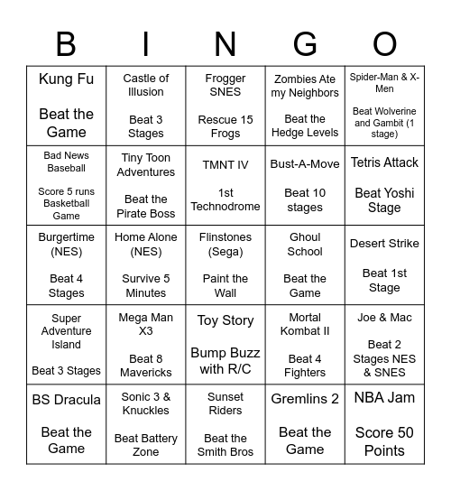 Video Game Bingo Card