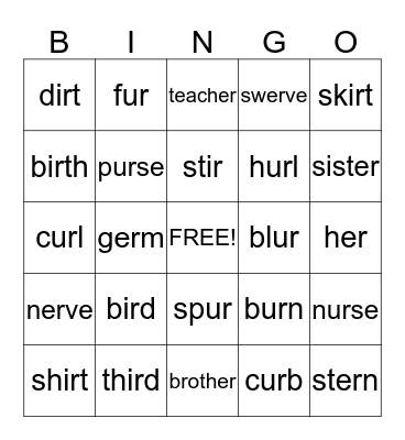 ir, ur, er words  Bingo Card