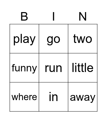 Sight Word Bingo Card