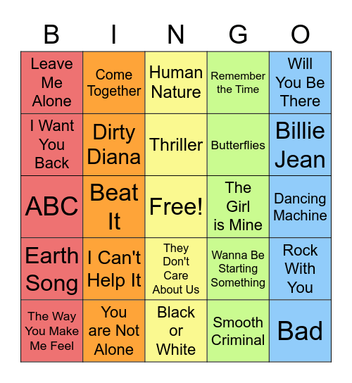 Michael Jackson Bingo Card