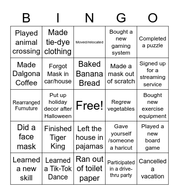 Quarantine Bingo Card