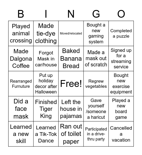 Quarantine Bingo Card