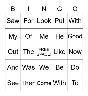 Sight Words Bingo Card