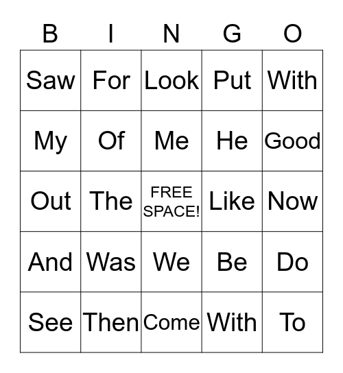 Sight Words Bingo Card