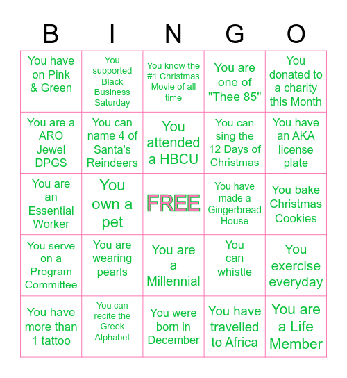 AKA Holiday Bingo Card