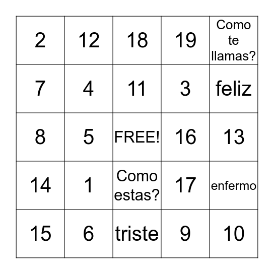 Numeros 1 - 20 Bingo Card