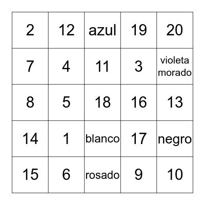 Numeros 1 - 20 Bingo Card