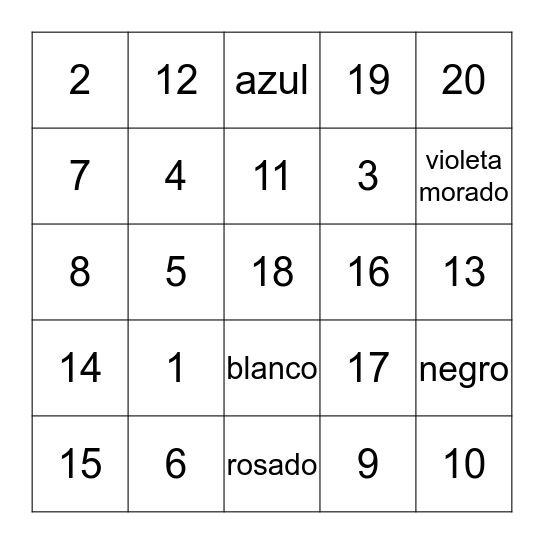 Numeros 1 - 20 Bingo Card