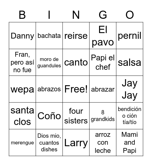 Núñez Family Christmas Bingo Card