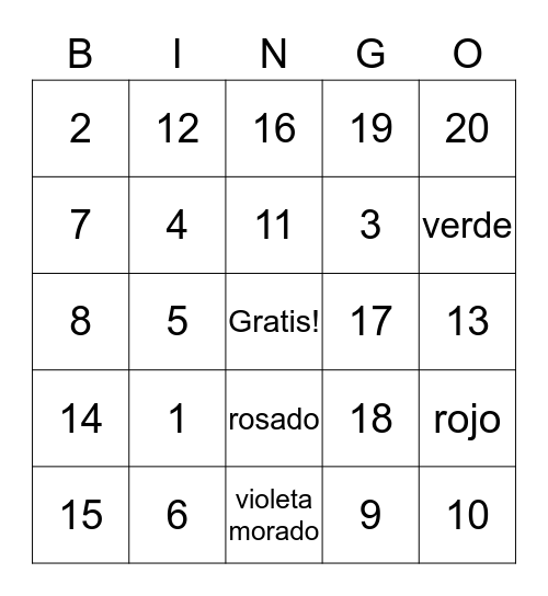Numeros 1 - 20 Bingo Card