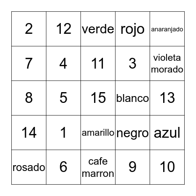 Numeros 1 - 20 Bingo Card