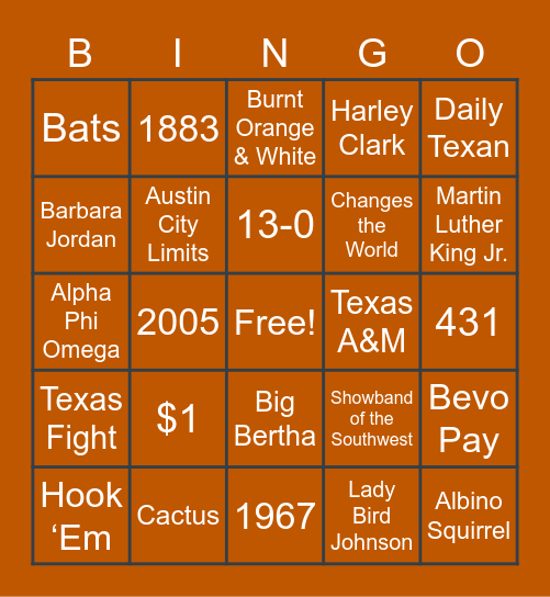 UT Austin Traditions Bingo Card