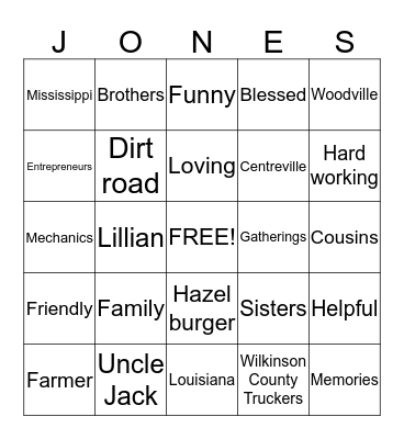 Jones Bingo Card