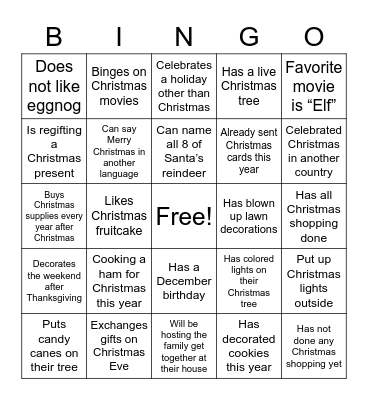 Holiday Hangout Bingo Card