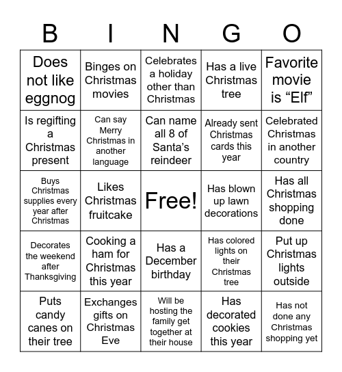 Holiday Hangout Bingo Card
