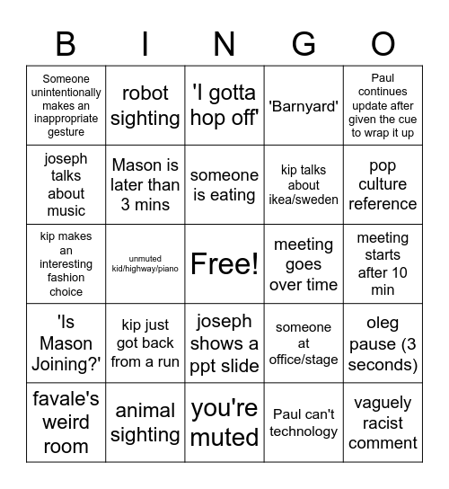 K's Friday Bingo Card