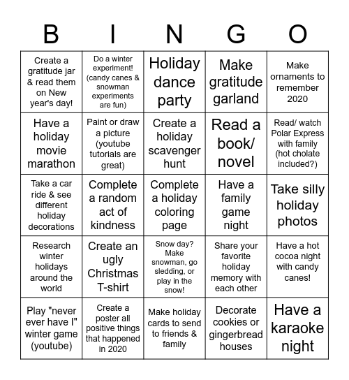 Christmas Activities Family Bingo Card