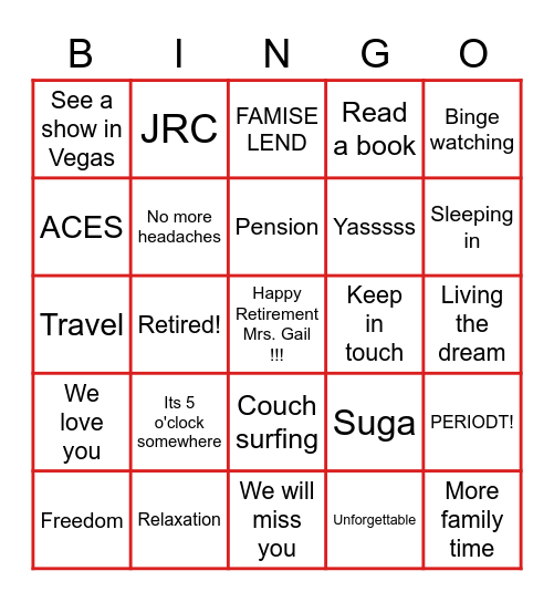 Retirement Bingo Card