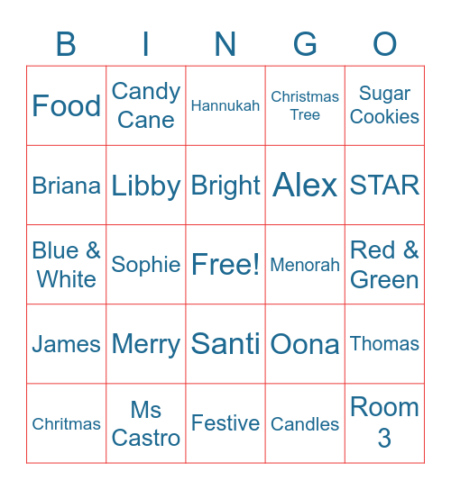 Holidays Bingo Card