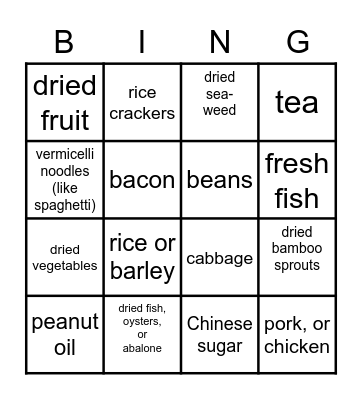 Chinese Worker Diet Bingo Card