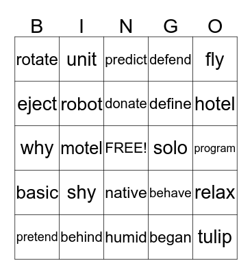 open syllable Bingo Card