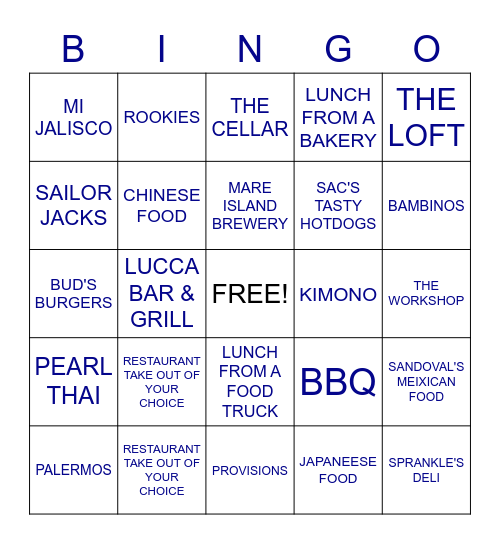 BENICIA-VALLEJO TAKE OUT BINGO Card