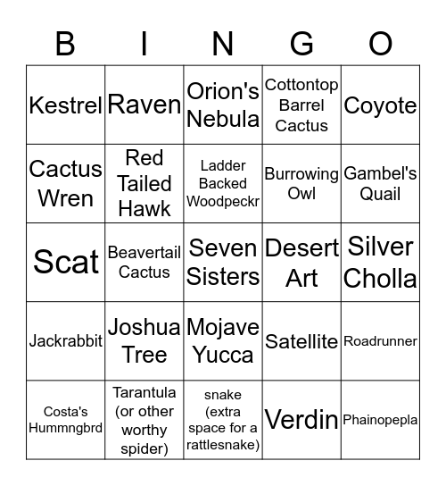 Desert Bingo! Bingo Card