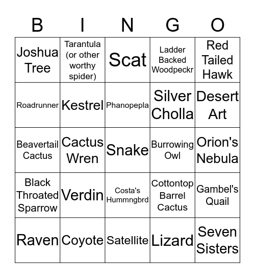 Desert Bingo! Bingo Card