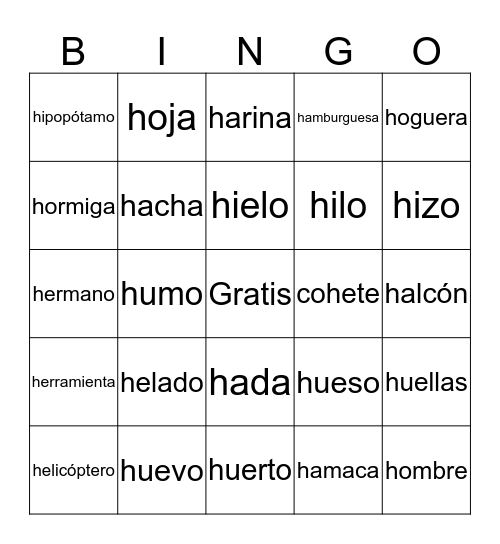 Palabras con "h" Bingo Card