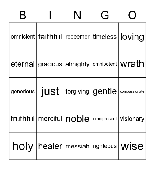 God's Attributes Bingo Card