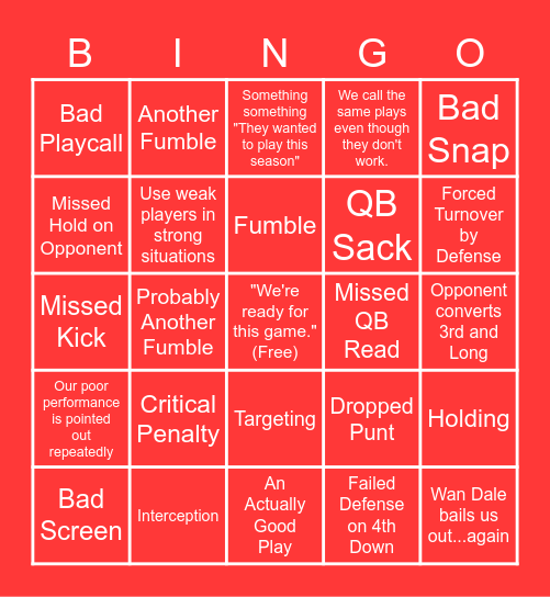 Husker Football Bingo Card