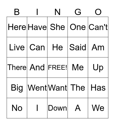 Sight Words Bingo Card
