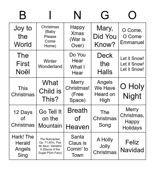 Christmas Songs Bingo Card