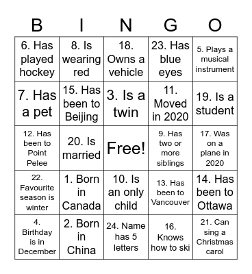 Find someone in the "room" who matches each square and write his (her) name. You can only use the same name once. The first person to get five squares in a row wins! Bingo Card
