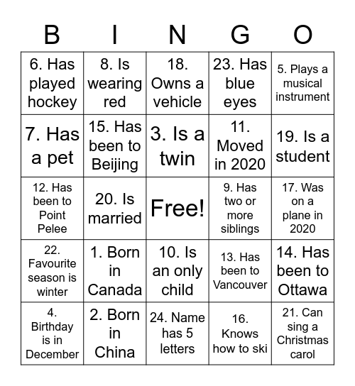 Find someone in the "room" who matches each square and write his (her) name. You can only use the same name once. The first person to get five squares in a row wins! Bingo Card
