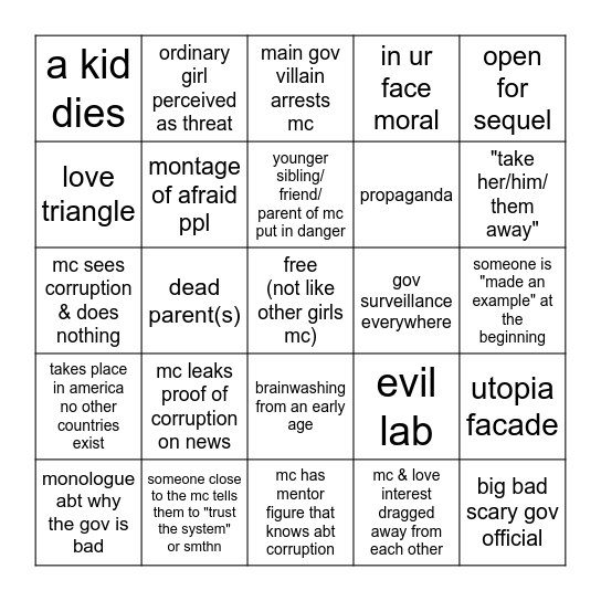 dystopian bingo Card